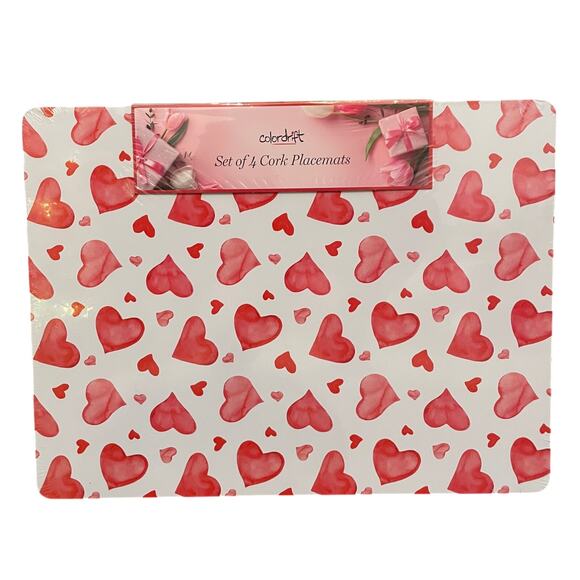 Colordrift Valentine Red HEARTS Cork Backed Hard Placemats 12x16 Set of 4 New - Picture 1 of 10